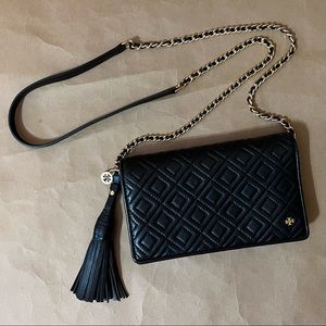Tory Burch | Fleming Flat Wallet Crossbody Purse Quilted Leather Black